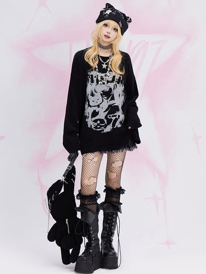 黒猫柄のダメージトリム ルーズセーター