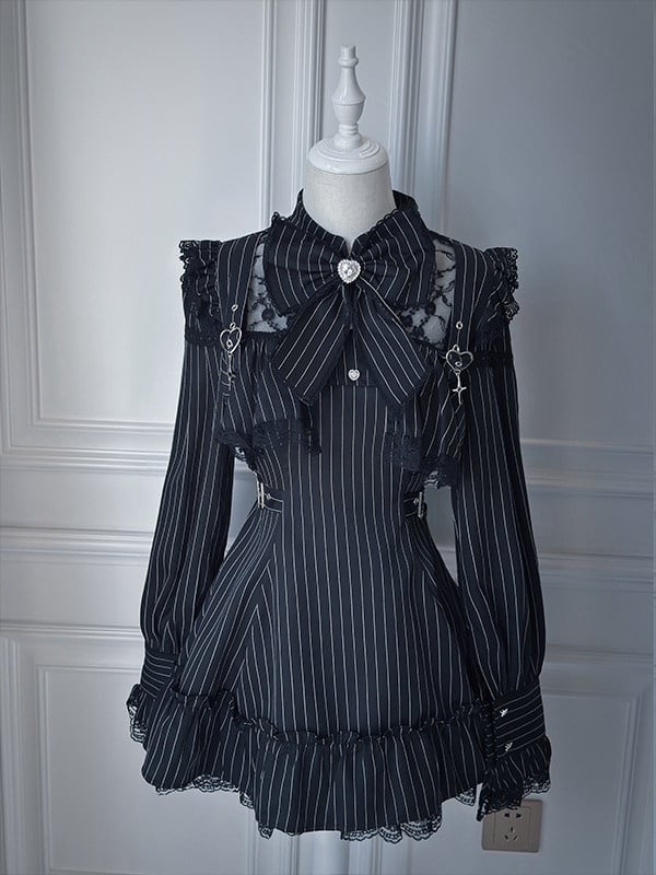 Tie Ruffled Matching Kei Striped Set Dress Jirai Long-Sleeve Bow Lace Shorts Black +