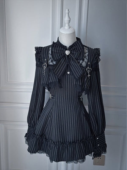 Tie Ruffled Matching Kei Striped Set Dress Jirai Long-Sleeve Bow Lace Shorts Black +
