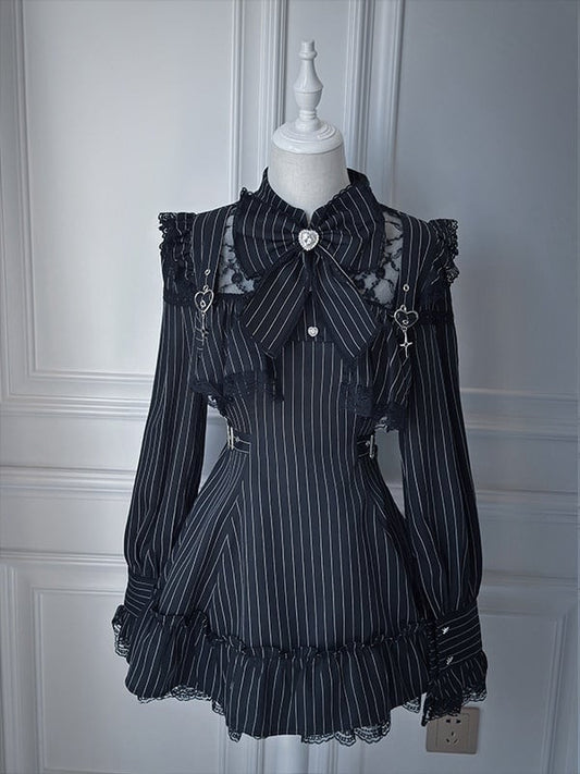 Tie Ruffled Matching Kei Striped Set Dress Jirai Long-Sleeve Bow Lace Shorts Black +