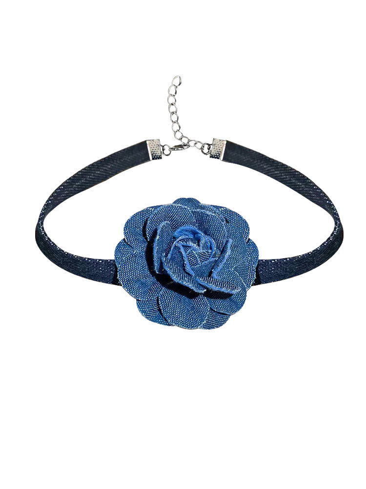 Blue Denim Rose Choker with Metal Chain Detail
