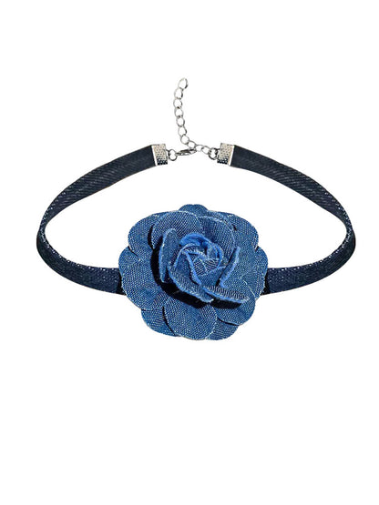 Blue Denim Rose Choker with Metal Chain Detail