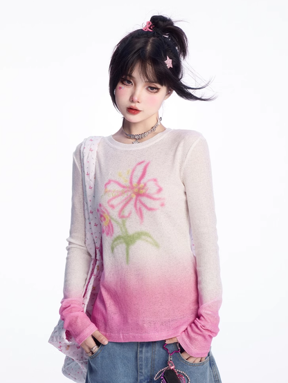 グラデーションピンクのラウンドネックフローラルプリントカバーアップ