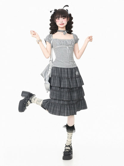 Kawaii Gray Polka Dot Square Neck Ruffle Top - Languid Park