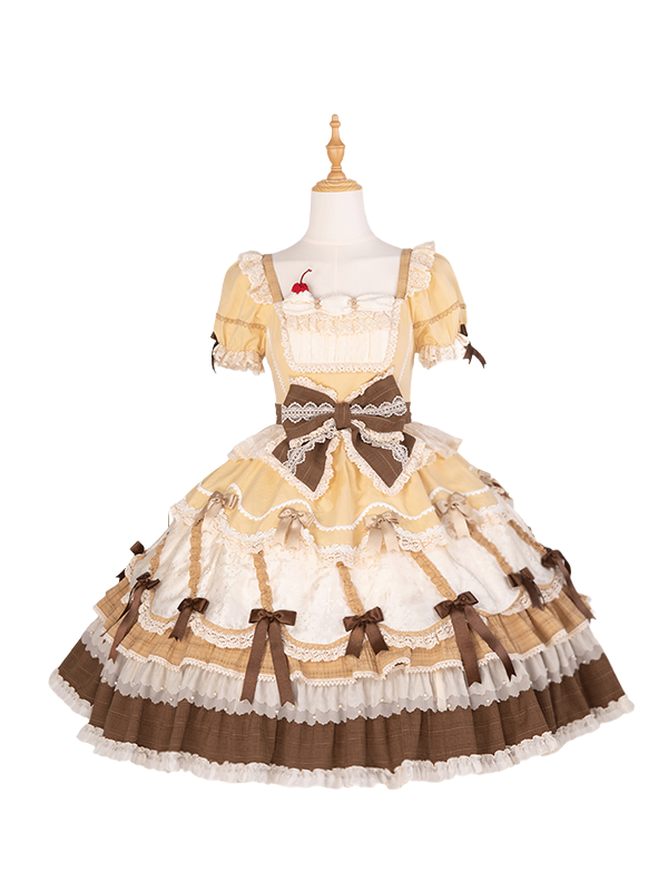 Puff Lolita Yellow and Square Neckline Bowknot Sweet Sleeves Details Dress
