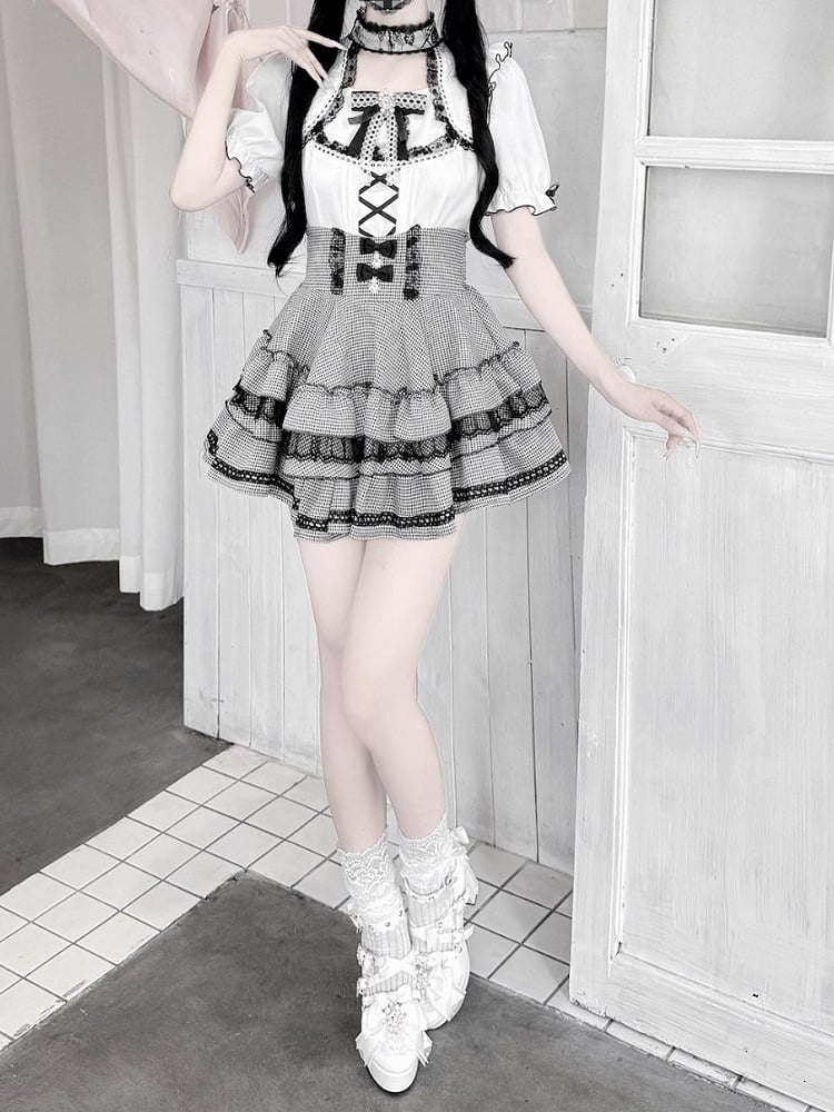 Monochrome Ruffle Sleeve Blouse with Lace, Bow and Choker Accents - GingaU