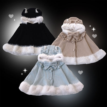 Hooded Colors Faux Jirai Fur with Bow Kitty Decor Detachable Kei Trim 3 Ear Cape