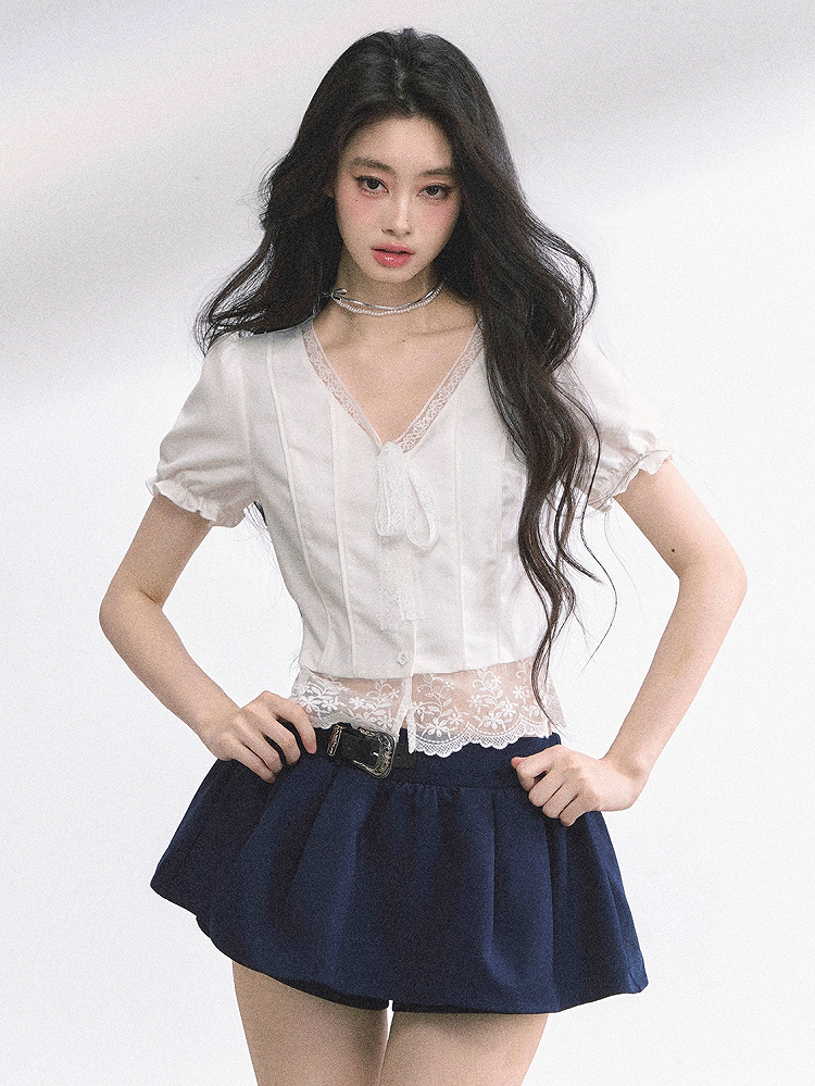 White Neckline Lace Hem Puff Sleeves Blouse Straps Self-tie