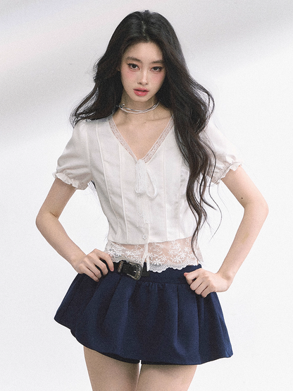 White Neckline Lace Hem Puff Sleeves Blouse Straps Self-tie