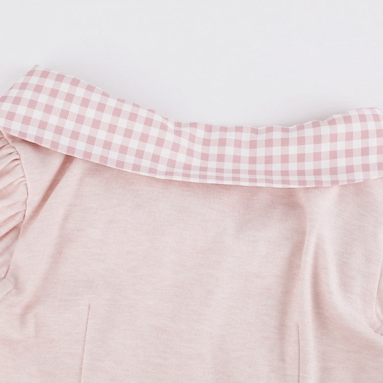 Pink Gingham Puff Sleeve Top with Tie Collar - serendipity