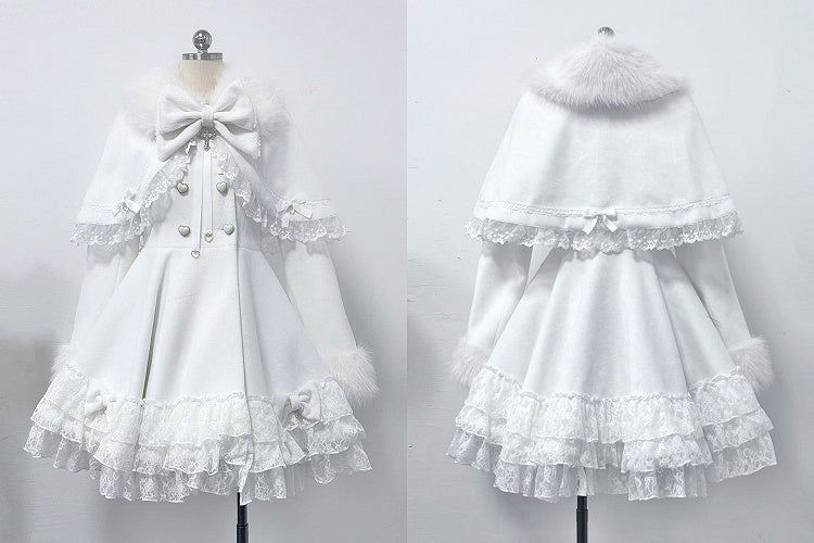 Jirai Kei White Tiered Lace Coat with Detachable Cape and Shaggy Collar