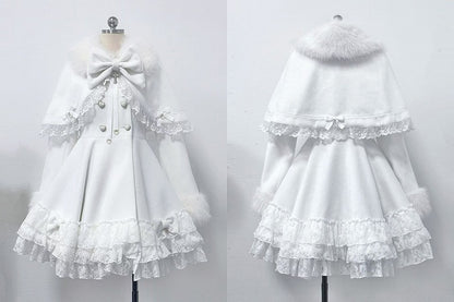 Jirai Kei White Tiered Lace Coat with Detachable Cape and Shaggy Collar