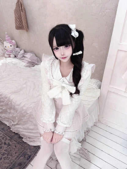 Tweed Set Long-Sleeve Pink Dress Kei Jirai Matching + Lace Fresh Shorts