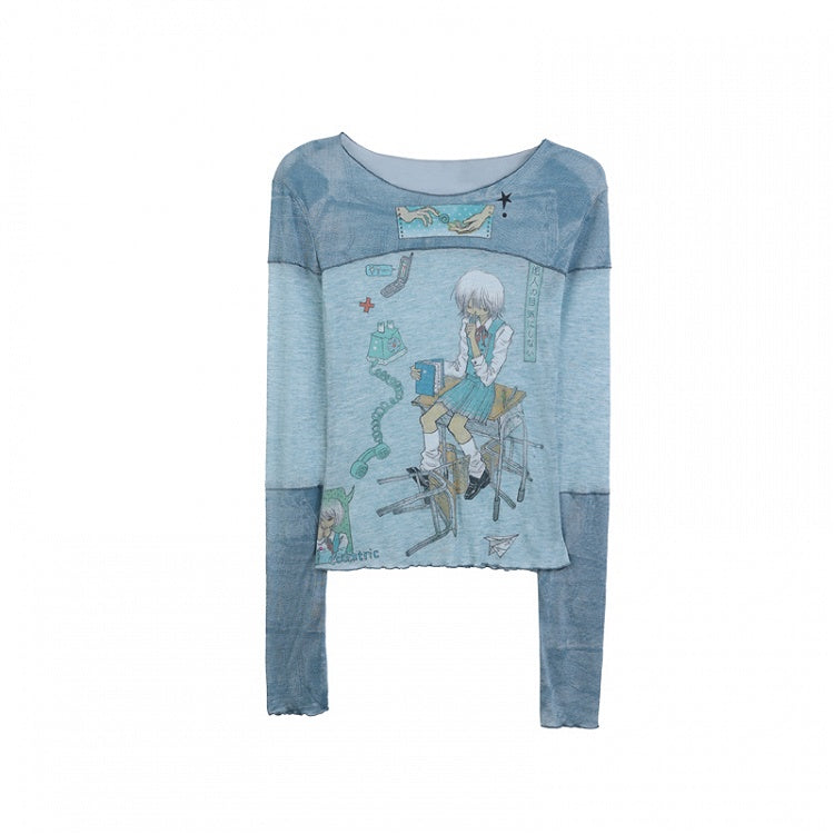 Neck Print with Top Blue Round Cartoon