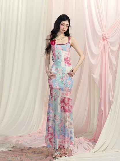 スリップドレス マーメイドスカート プリント バックレス ブルー 油絵 花柄