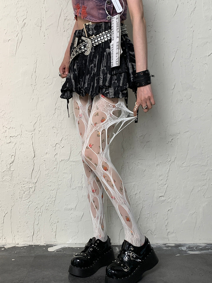 Cut-out Floral Design Y2K + Tights White Pattern