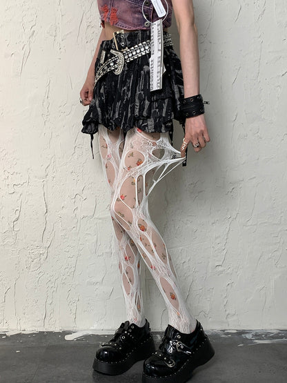 Cut-out Floral Design Y2K + Tights White Pattern