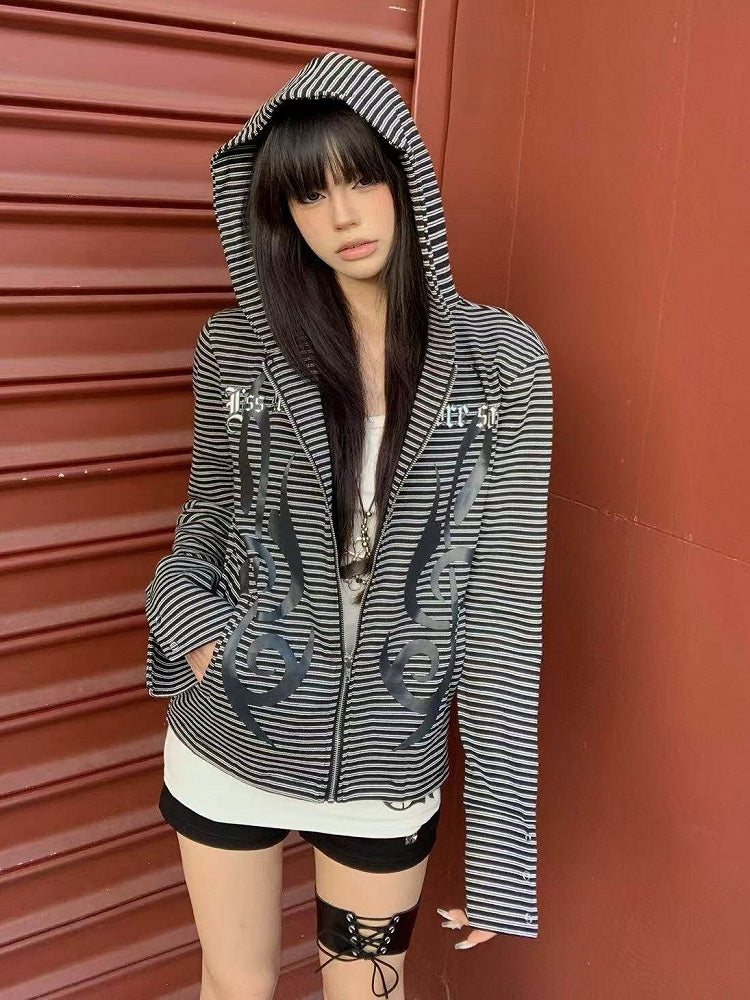 Black & White Striped Hooded Jacket with Musical Note Prints - DETW OnLine