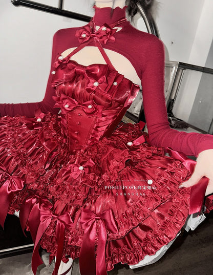 Rotes Weihnachtsoutfit, baskische Taille, Satinschleifen, trägerloses Puffkleid, kurzes Oberteil, komplettes Set