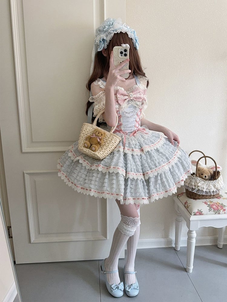 Blue Lolita Lace-up Bead Chain Details with Dress Accent Bow JSK