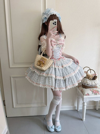 Blue Lolita Lace-up Bead Chain Details with Dress Accent Bow JSK