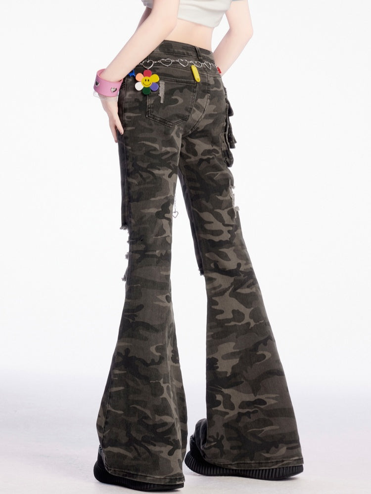 Camouflage Low Flared Cargo Pants Rise Distressed Holes
