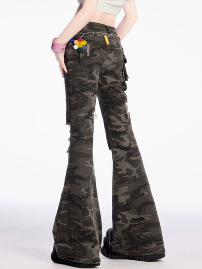 Camouflage Low Flared Cargo Pants Rise Distressed Holes