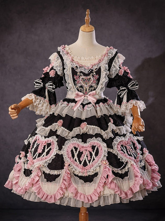 Wunderschönes schwarzes Hanayome Lolita-Kleid mit Blumenstickerei und Perlenkettendetails