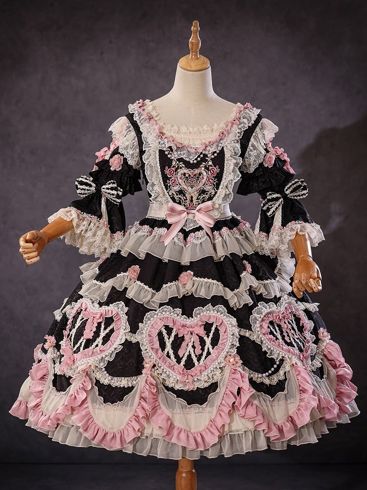 Robe Lolita Hanayome noire magnifique avec broderies florales et détails de chaîne de perles