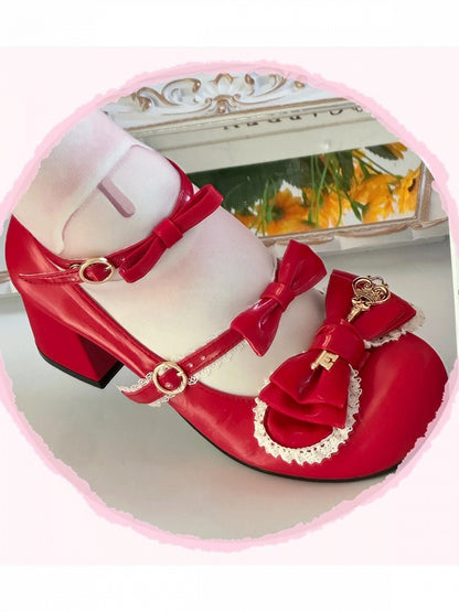 5 Colors Silk Shimmer Lolita Shoes 5cm Heel with Lace Trim Bow and Gold Key Details - Guligul