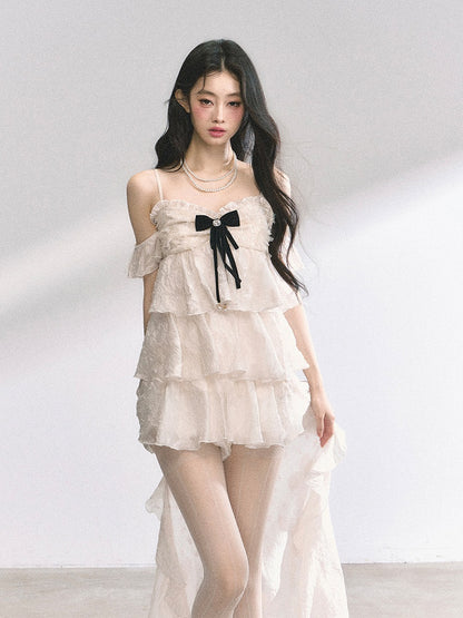 アプリコット カスケード ラッフル トリム ティアード ラッフル キャミ ドレス スカート ハイロー