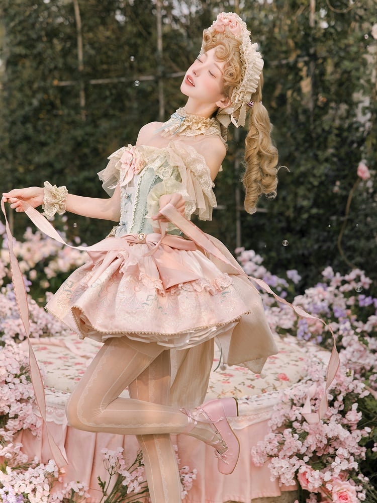 Green Jacquard Boned Bodice Pink Carousel Pattern Skirt Lolita Dress with Big Bow Train