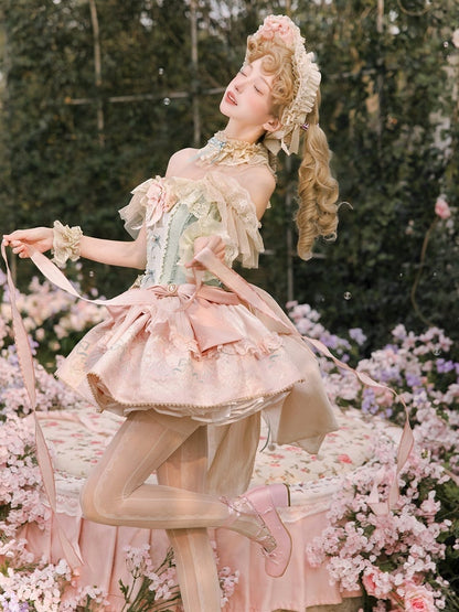 Green Jacquard Boned Bodice Pink Carousel Pattern Skirt Lolita Dress with Big Bow Train