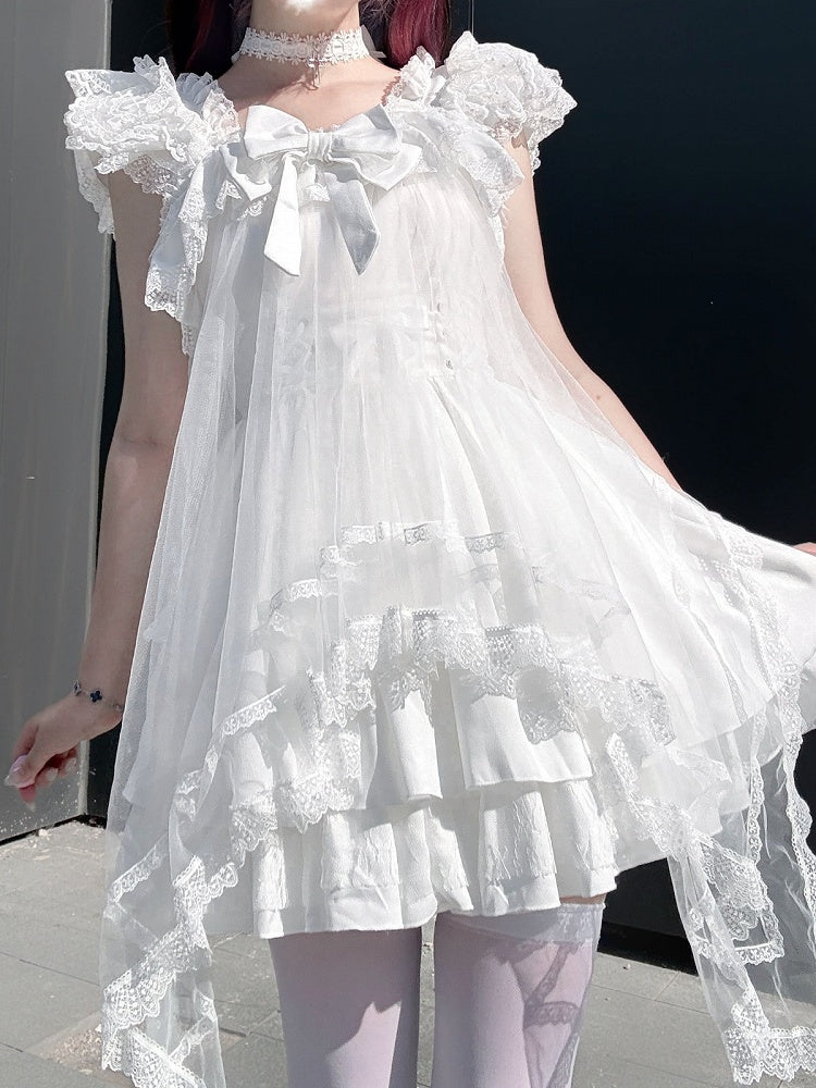 Ivory Landmine Trio: Camisole Dress, Asymmetric Tulle Overlay, Choker - Pink Rabbit