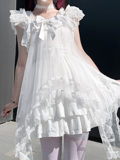 Ivory Landmine Trio: Camisole Dress, Asymmetric Tulle Overlay, Choker - Pink Rabbit
