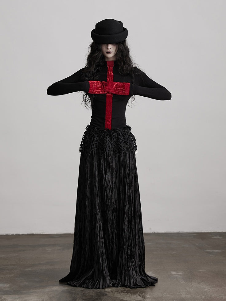 Urban Long-Sleeve Knit Black Design Red Top Goth Color-Block