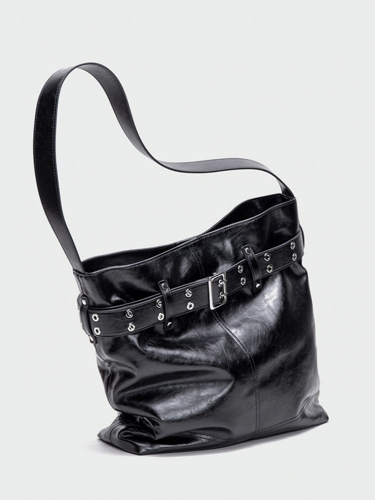 Elegant Black Tote Bag With Belt Buckle Accent - Perfect For Commuting