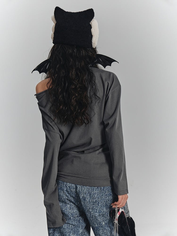 Square Print Gray Buckle T-Shirt Sleeve with Neck Long Asymmetrical Punk Strap Waist Black Graffiti
