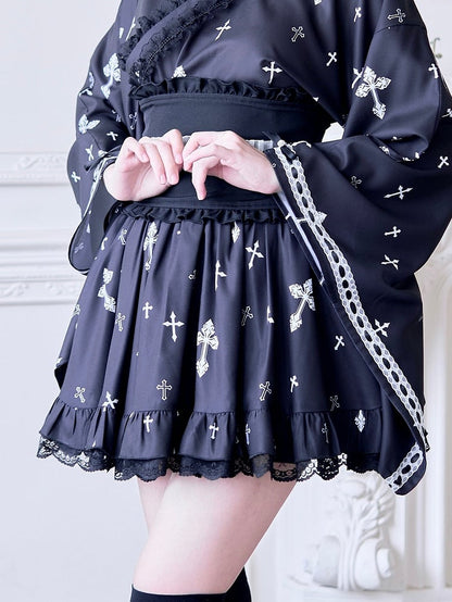 White Print Lace Kei with Waist Contrast and Black Skirt Jirai Hem Cross High