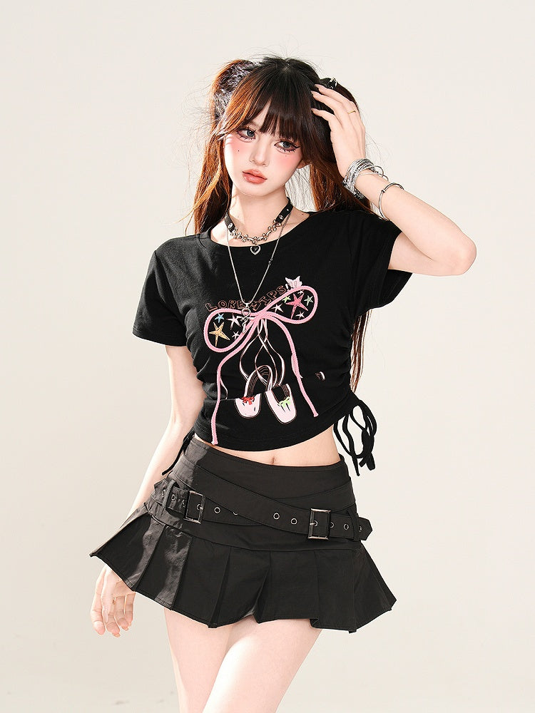 Glamorous Bowknot Schwarz/Gelb/Pink Cropped T-Shirt Kordelzug Taille Akzent