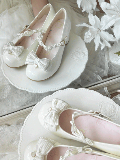 Toe Round Heart Bow Heels White with Details Accents Sweet Mid/Low Lolita