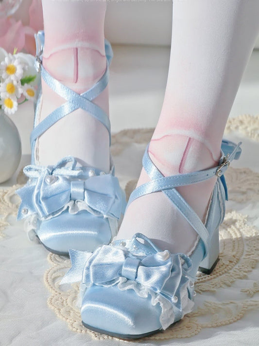 Square Lolita Bow Decorative Blue Toe Shoes Elegant Mid-heel with