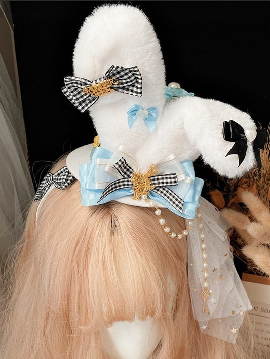 White&Blue Alice in Wonderland Vibes Plushie Bunny Ears Mini Hat KC