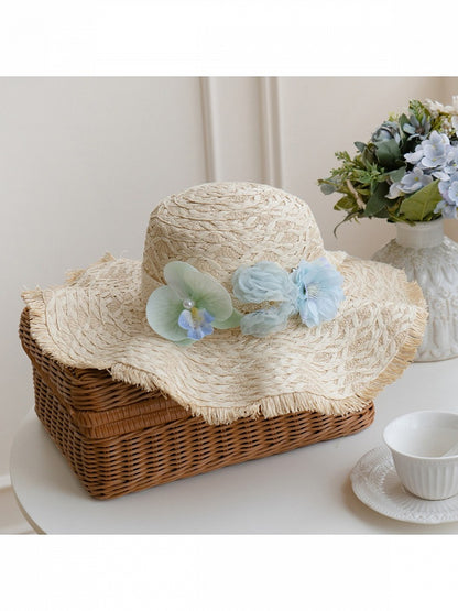 Beige Straw Hat with Detachable Blue Flower - With PUJI