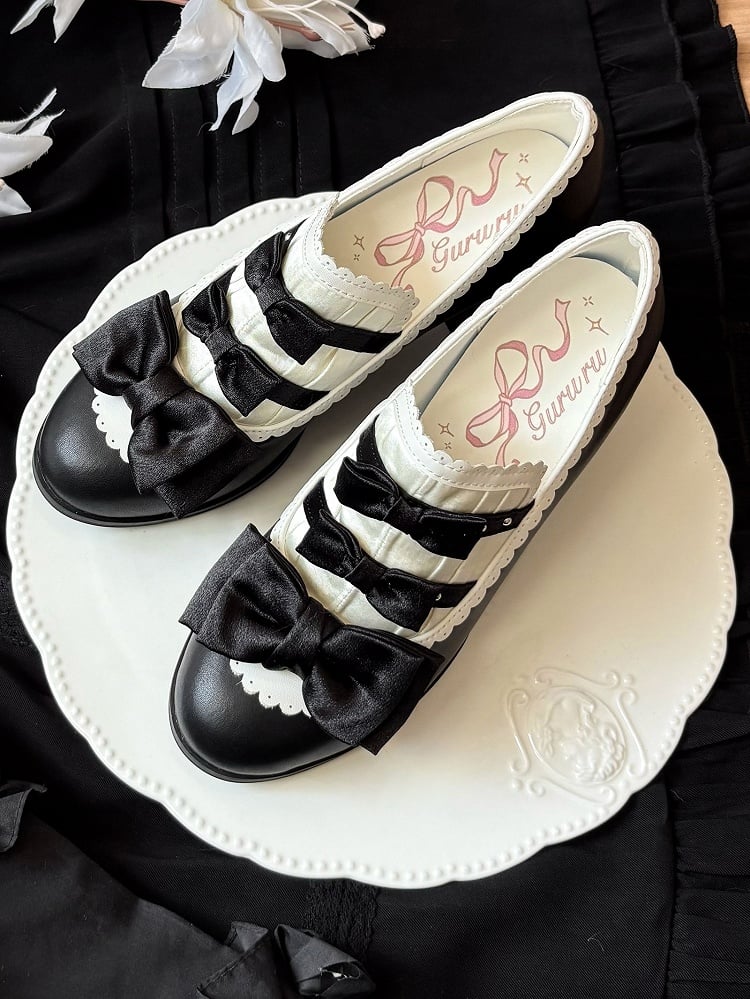 Bow Mid-heel Elegant Shoes Slip-on Lolita Scalloped Hem Accents White Black