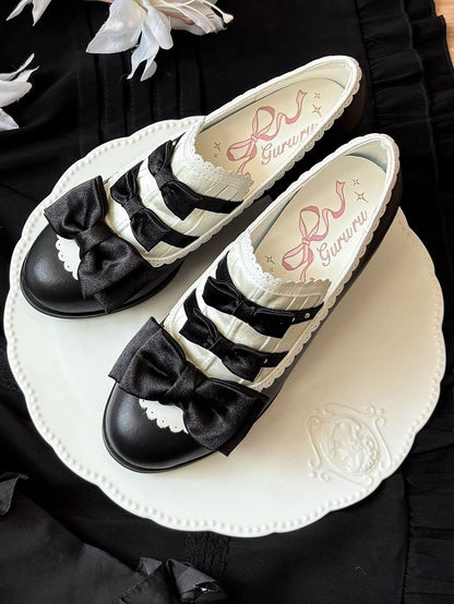 Bow Mid-heel Elegant Shoes Slip-on Lolita Scalloped Hem Accents White Black