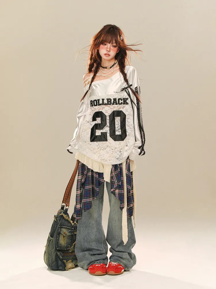 for S Accessory with Cut - Plaid Clearance Waist Wide-leg 64CM Jeans Size Blue