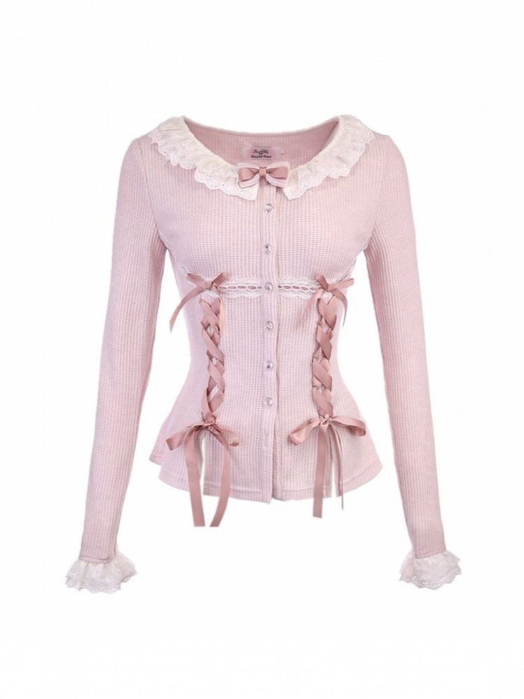 Rosa Strickjacke mit gerüschten Spitzenband-Schleifen-Akzenten