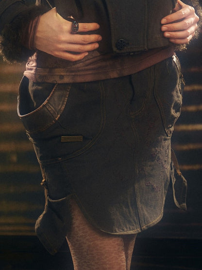 Multi-Slit Embroidery Design Skirt Black Short with Punk Denim