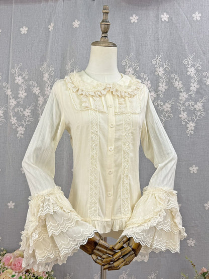 Apricot Cotton Sleeves Blouse Jacquard Lolita Long Bell